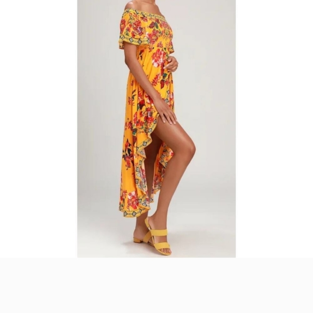 New York & Company Yellow Black & Red Floral High-Low Dress